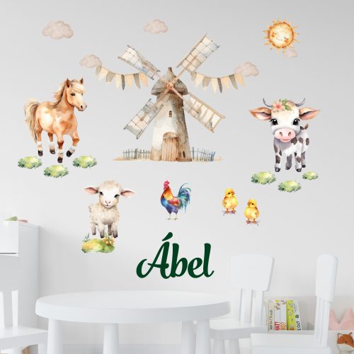 Farm állatokkal falmatrica babaszobába saját névvel