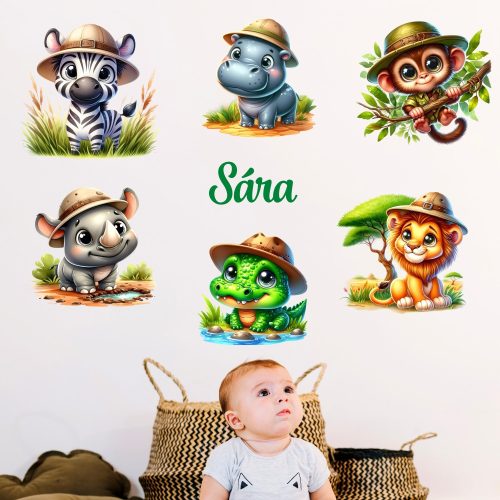 Szafari mintás szett falmatrica babaszobába saját névvel