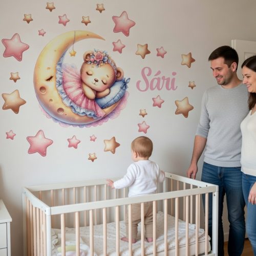 Mesés alvó maci a holdon gyerekszoba faldekor csillagokkal