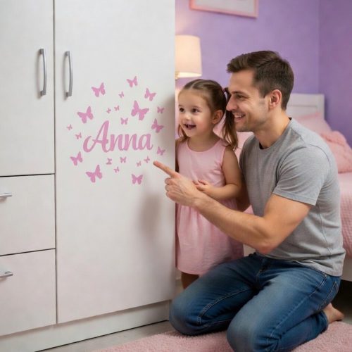 Pillangós névre szóló matrica kislány szoba falára lila színekben